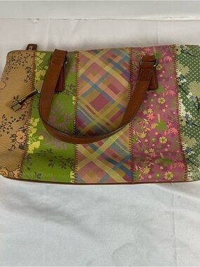 Fossil Multicolor Patchwork Tote with Brown Leather Handles